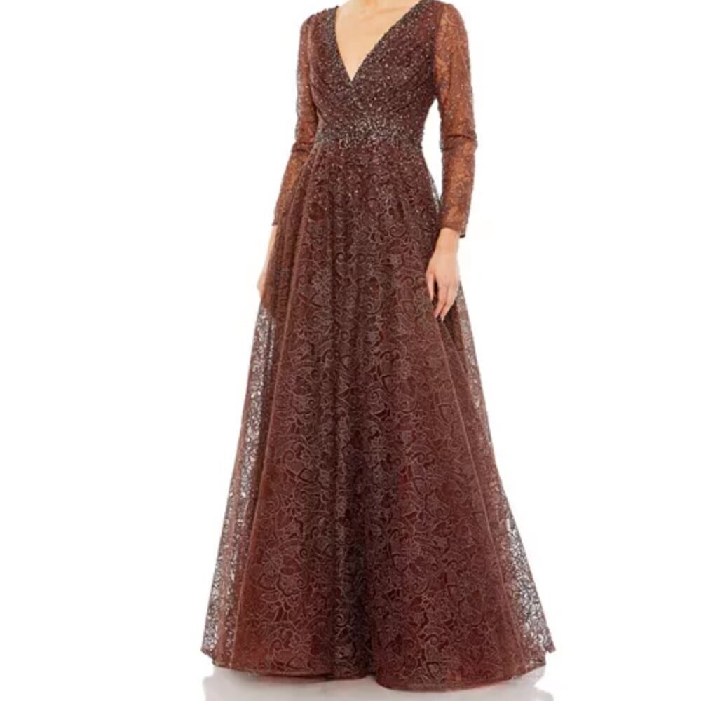 Mac Duggal Women's Embellished Illusion Long Sleeve V Neck Gown - Size 8